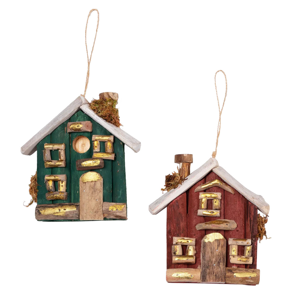 Pair of rustic driftwood Christmas house ornaments painted in green and burgundy with natural twine for hanging. Handmade from recycled materials, supporting fair-trade artisans in the Philippines.