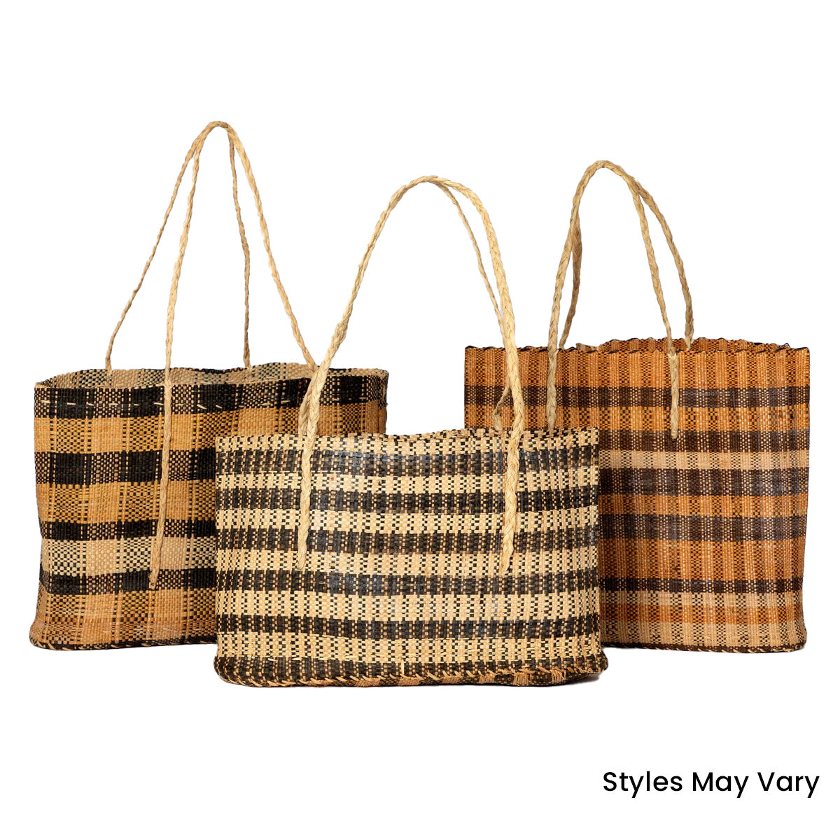 Set of three African tote bags made from vegetable-dyed grass fibers in natural earthy tones. Lightweight and durable, handcrafted by artisans supporting fair-trade in the Democratic Republic of Congo.