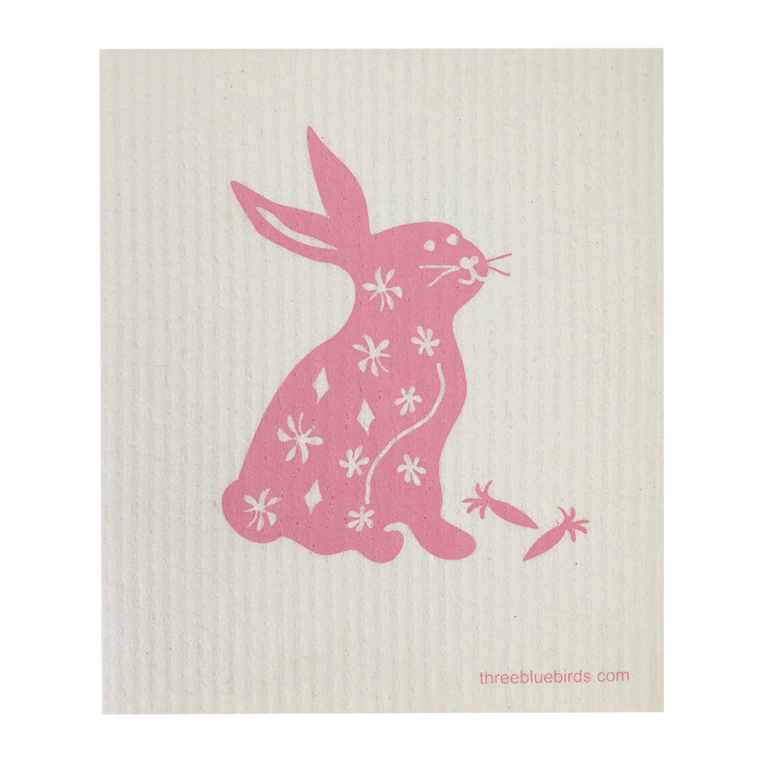 Whimsical Swedish biodegradable cleaning cloth featuring a cheerful pink and white happy hare
