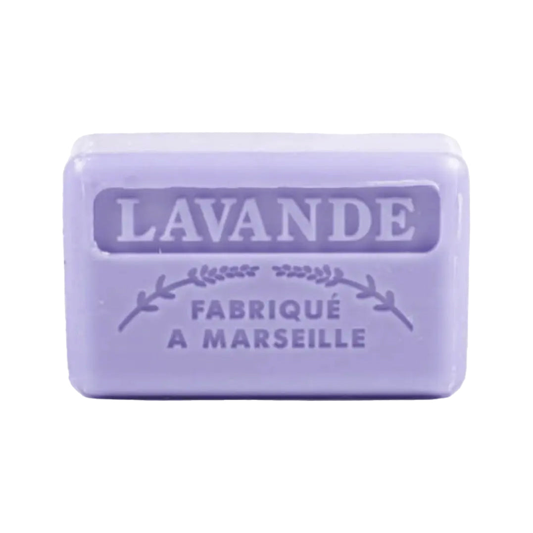 A lavender-colored French soap bar with embossed text reading "Lavande" and "Fabriqué a Marseille".