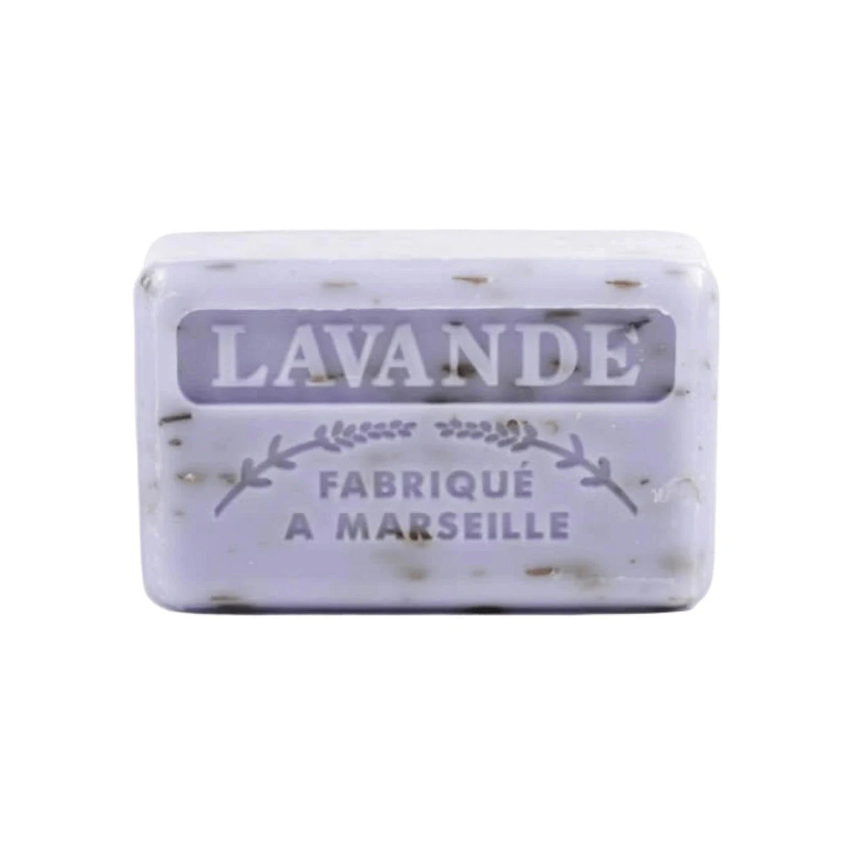 Bar of soap with 'Lavande' and 'Fabrique a Marseille' text on a white background