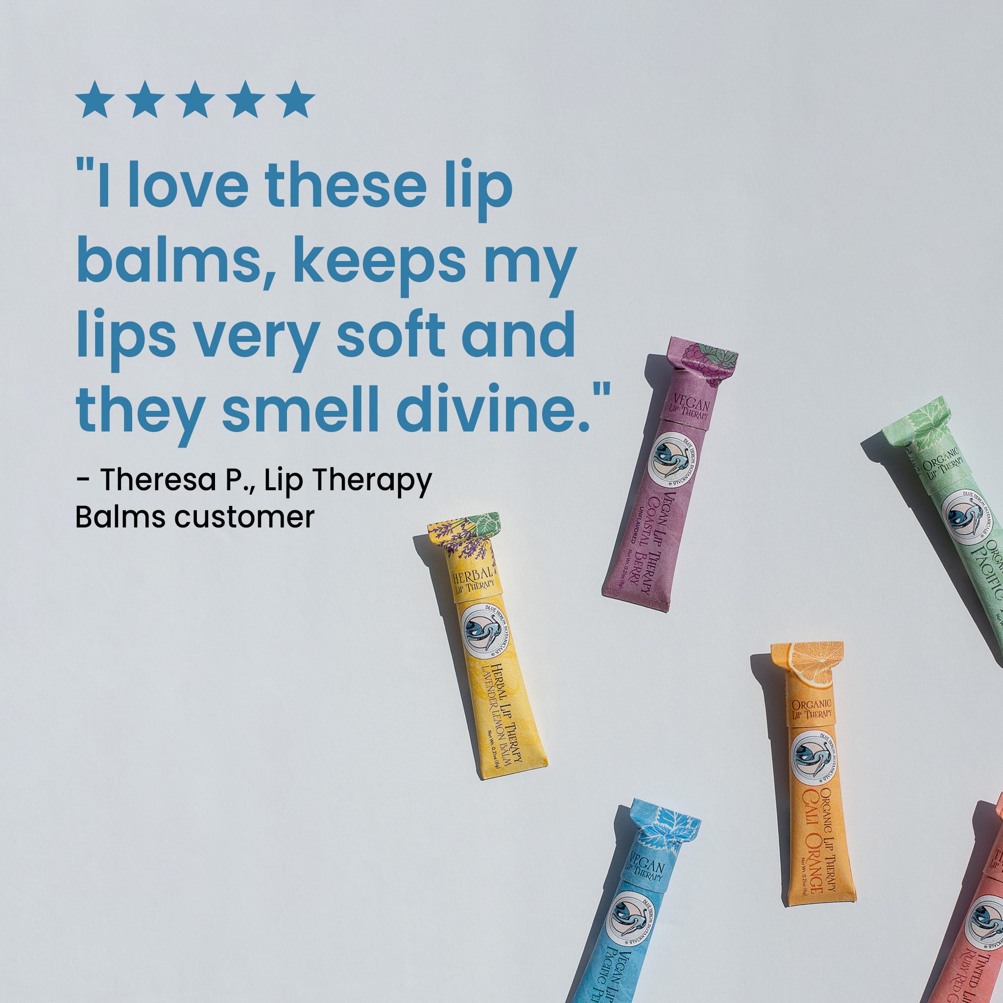 A display of  Lip Therapy Balms, each labeled with nourishing formulas and uplifting messages, all sustainably packaged.