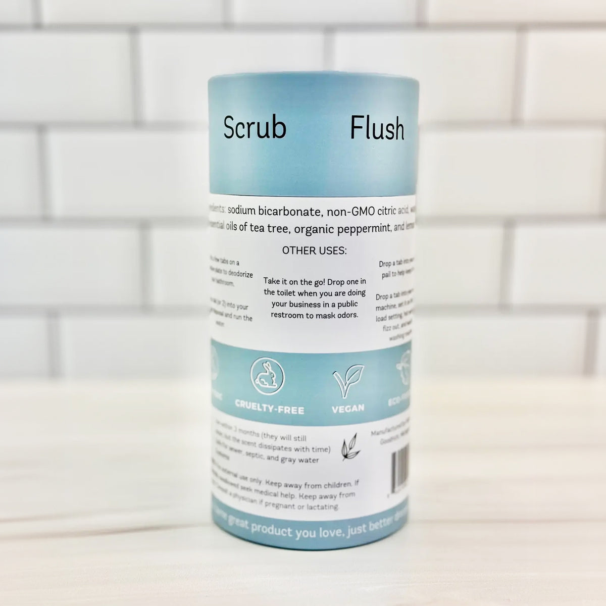 The back side of the MamaSuds Toilet Bombs kraft paper pouch, showing product details and ingredients, emphasizing the natural, non-toxic, and plastic-free formulation.