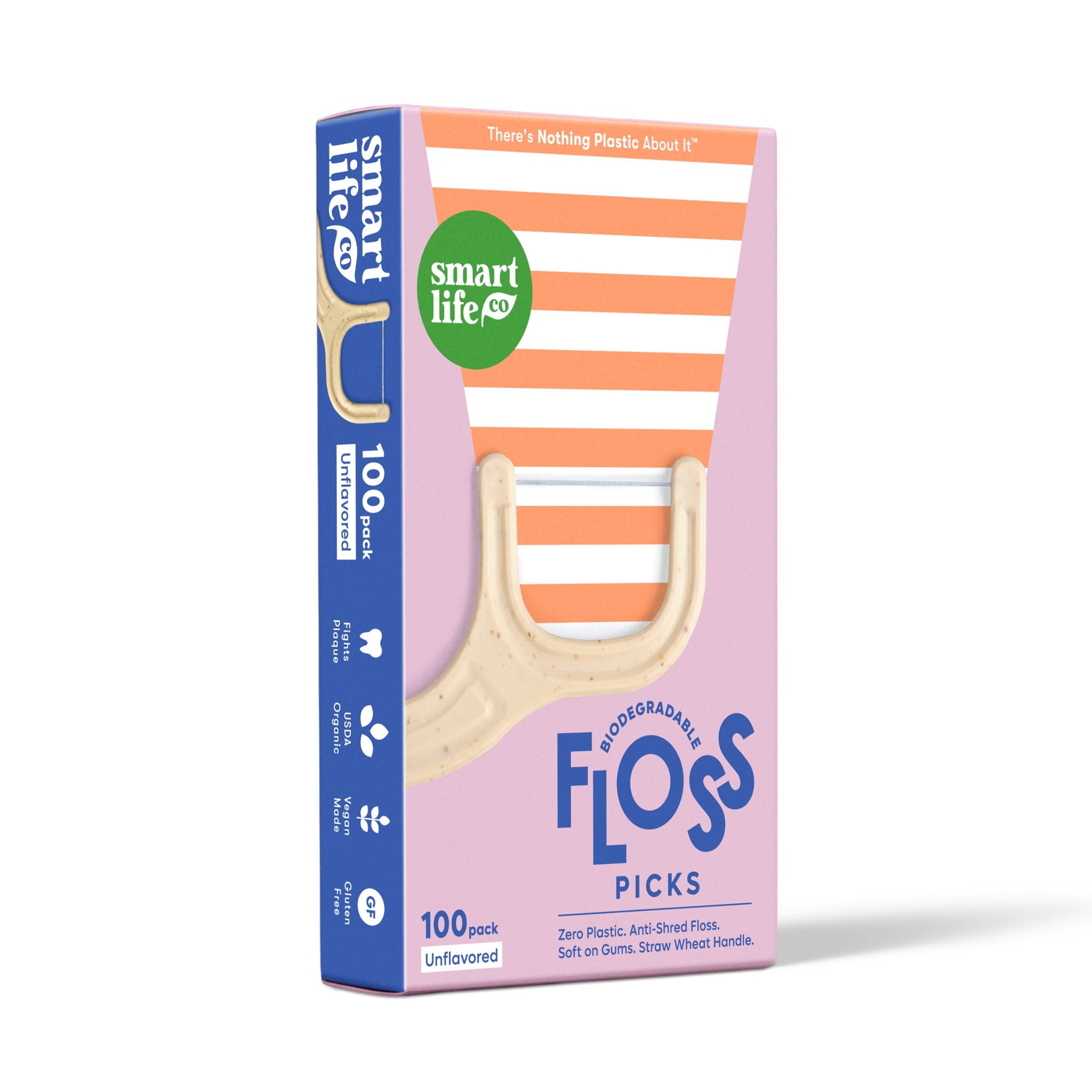 The side of the unflavored Smart Life Co. floss picks box is light blue and has four icons: a tooth with the text "Fights Plaque", a leaf with "USDA Organic", another leaf with "Vegan Made" and "GF" for "Gluten Free".
