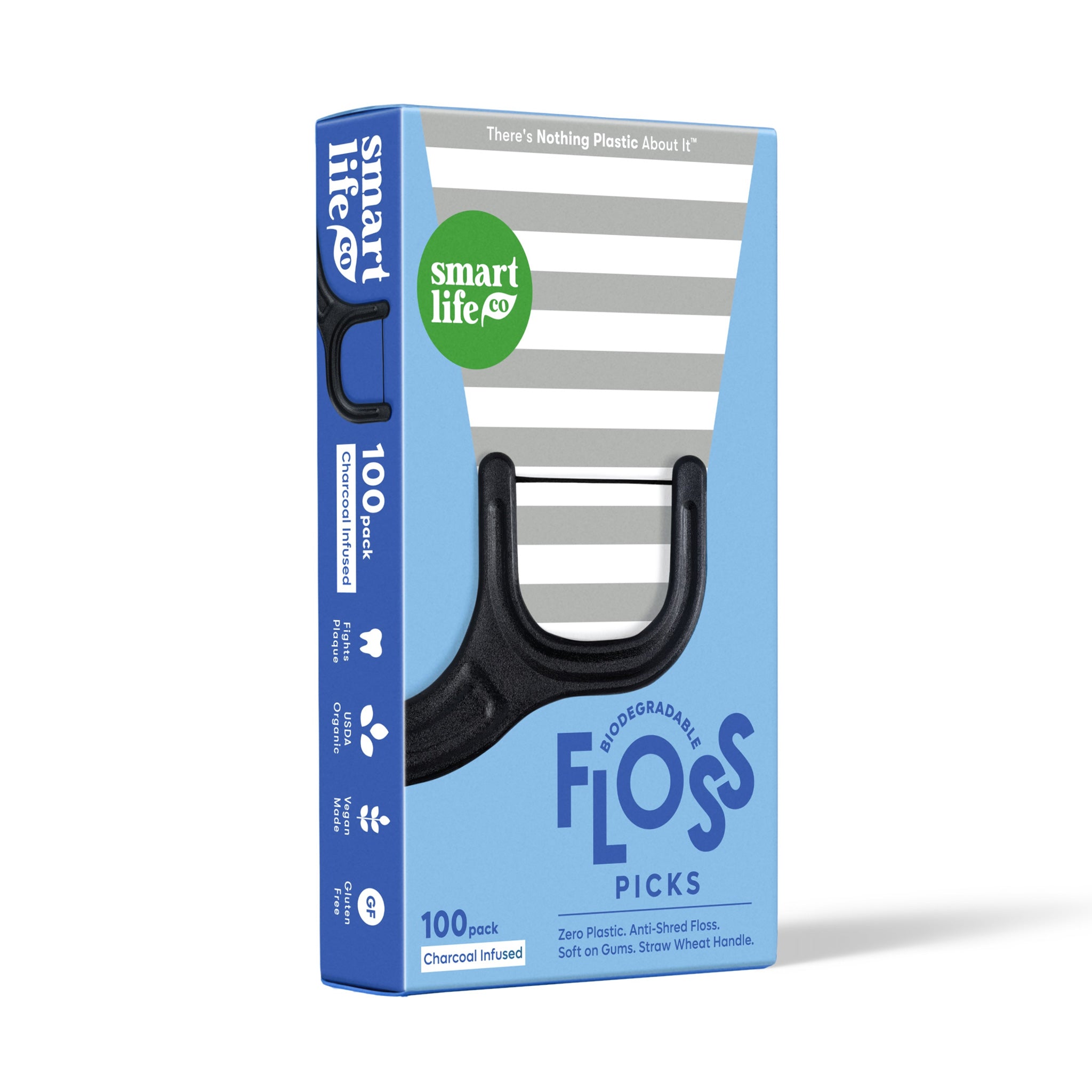 The side of the charcoal-infused Smart Life Co. floss picks box is light blue and has four icons: a tooth with the text "Fights Plaque", a leaf with "USDA Organic", another leaf with "Vegan Made", and "GF" for "Gluten Free".