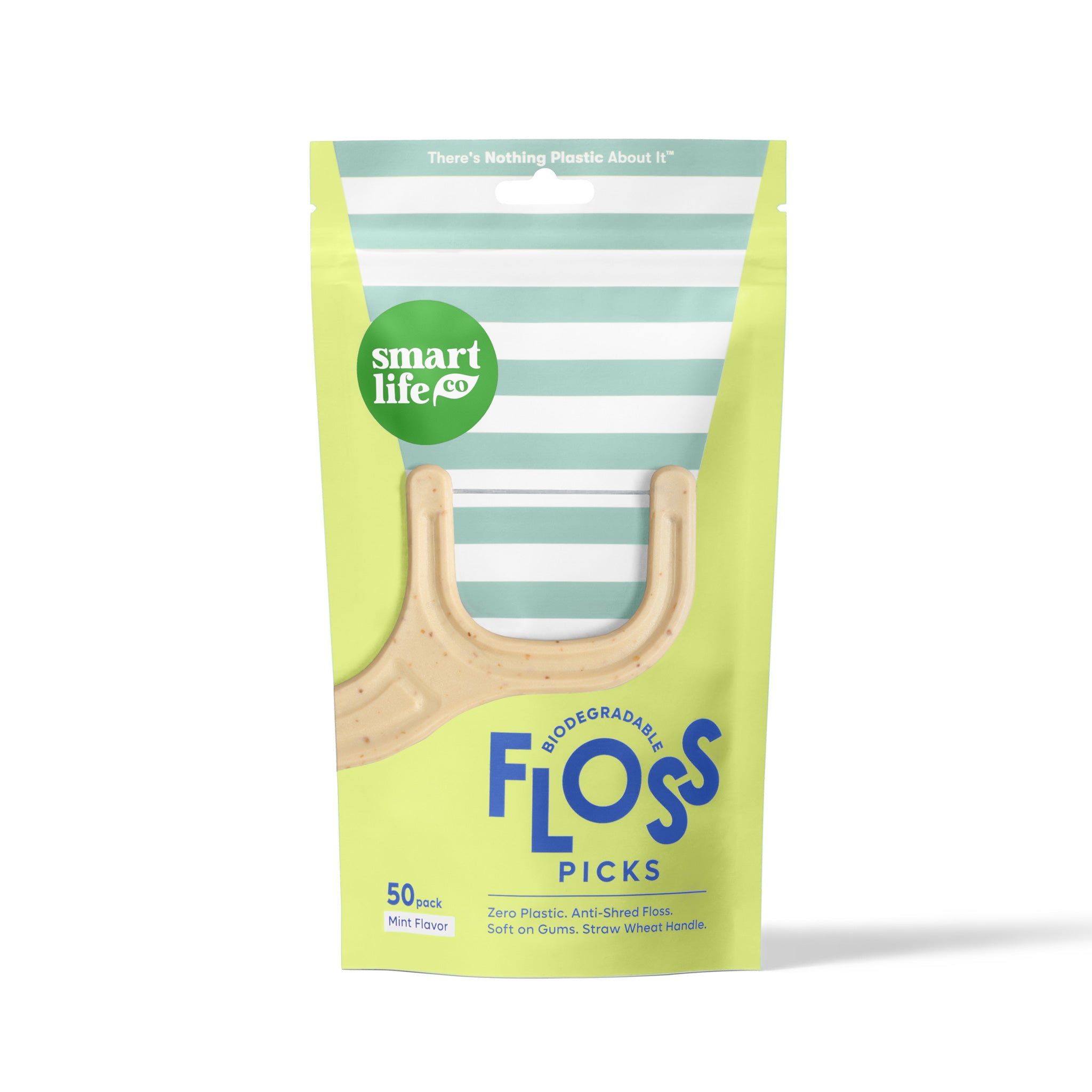 A cute mint green pouch of Smart Life Co biodegradable floss picks. The packaging, with a light blue striped design says "50 pack Mint Flavor", making it a sweet travel option.