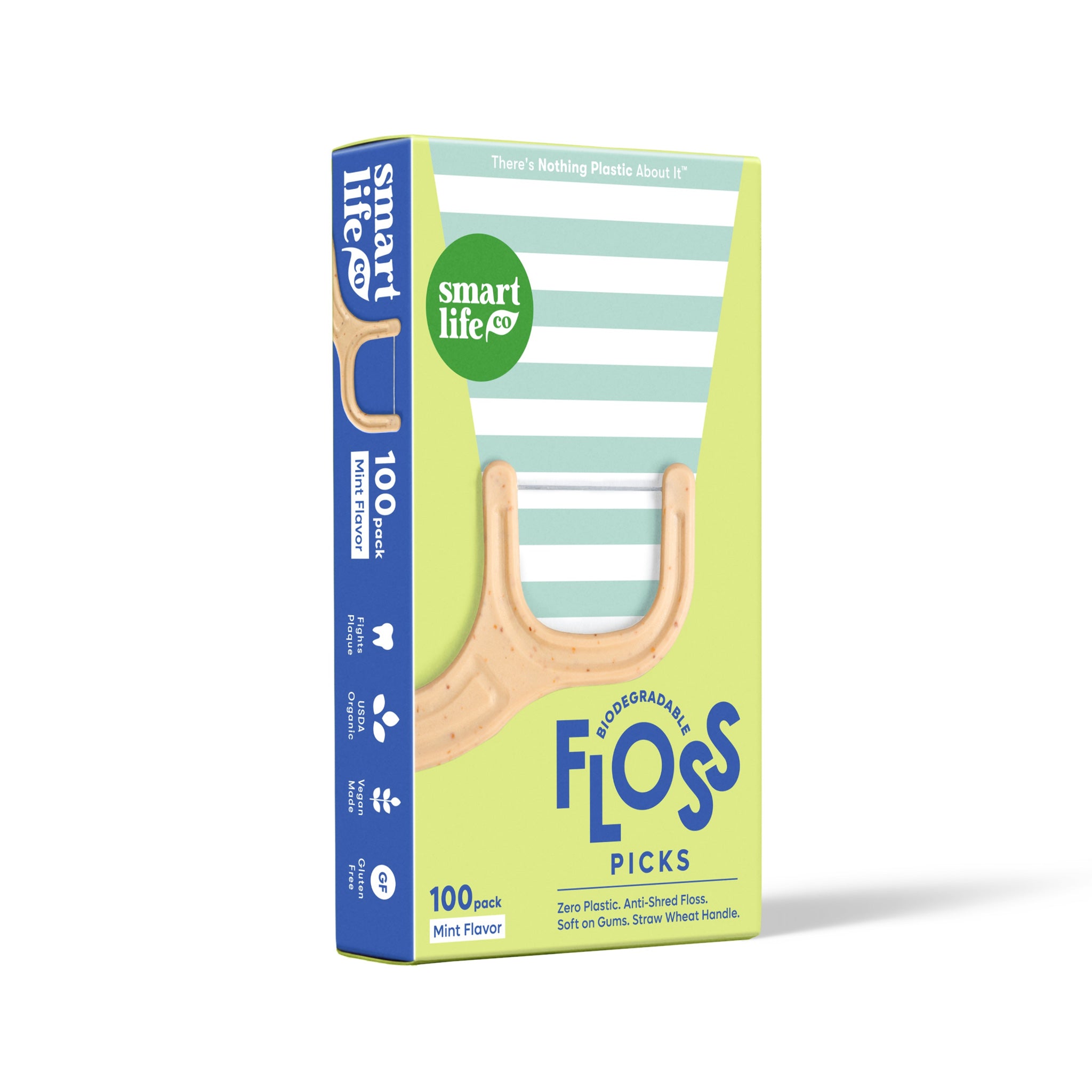 The side of the box of Smart Life Co. floss picks is light blue and features several icons: a tooth with the words "Fights Plaque", a leaf with "USDA Organic", another leaf with "Vegan Made" and a "GF" icon with "Gluten Free".