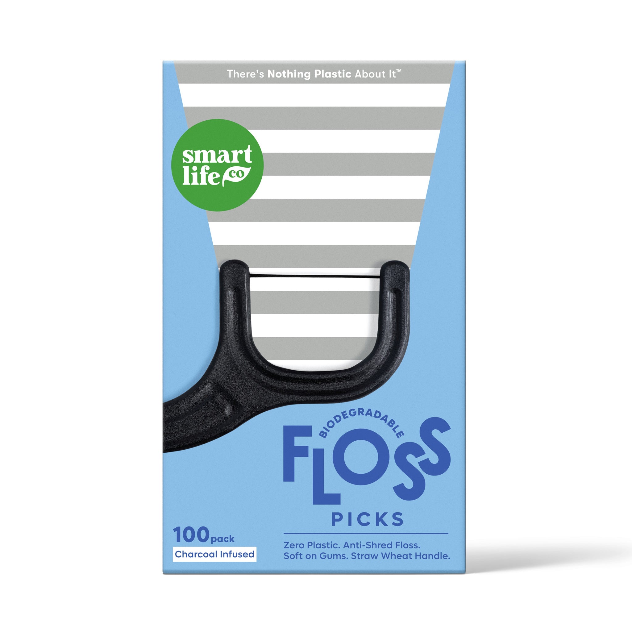A cute light blue box of Smart Life Co. charcoal-infused floss picks. They are biodegradable, made from a straw wheat handle and come with the promise that "there's nothing plastic about it".