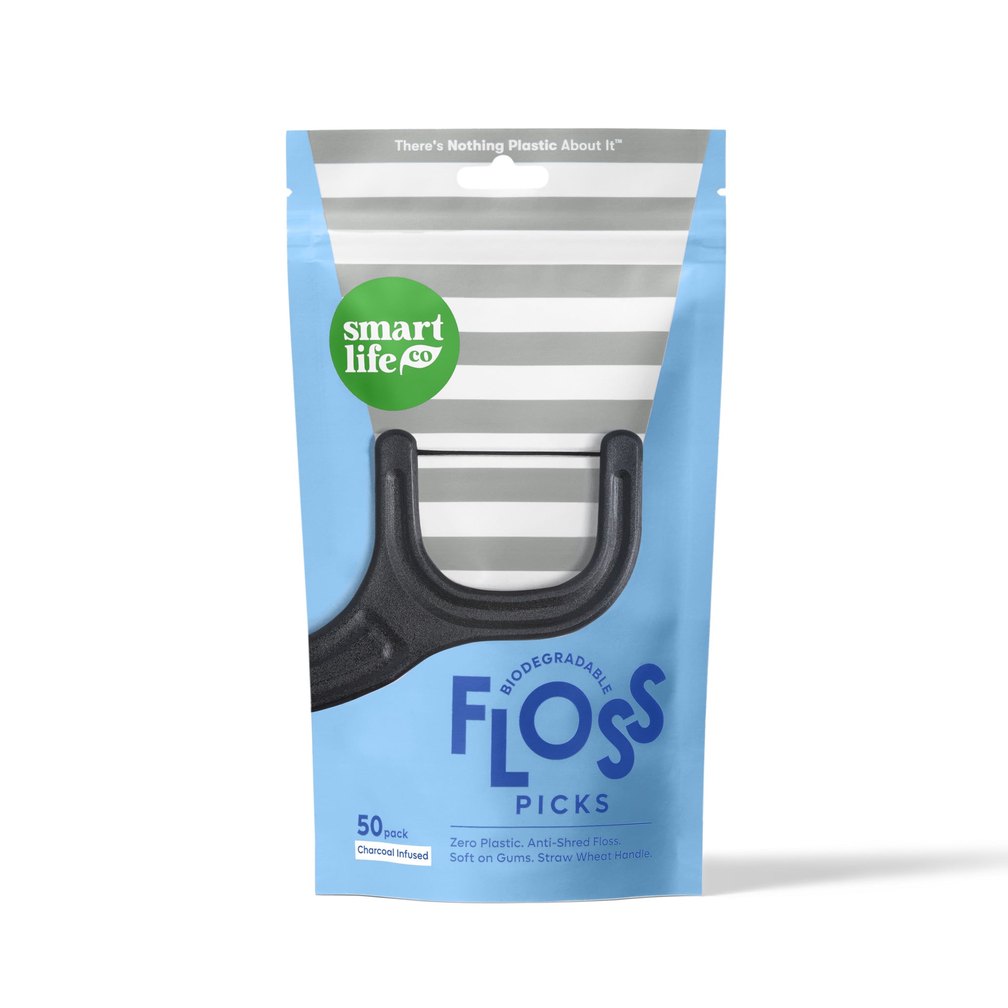 A cute light blue pouch of Smart Life Co. biodegradable floss picks. The packaging with a gray striped design says "50 pack Charcoal Infused", making it a sweet travel option.