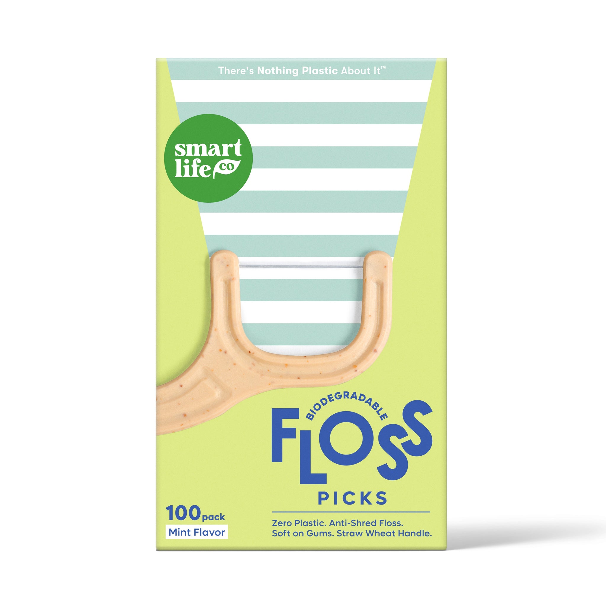 A green and white box of Smart Life Co. biodegradable floss picks. The mint-flavored floss picks are proudly made in the USA and have a straw wheat handle.