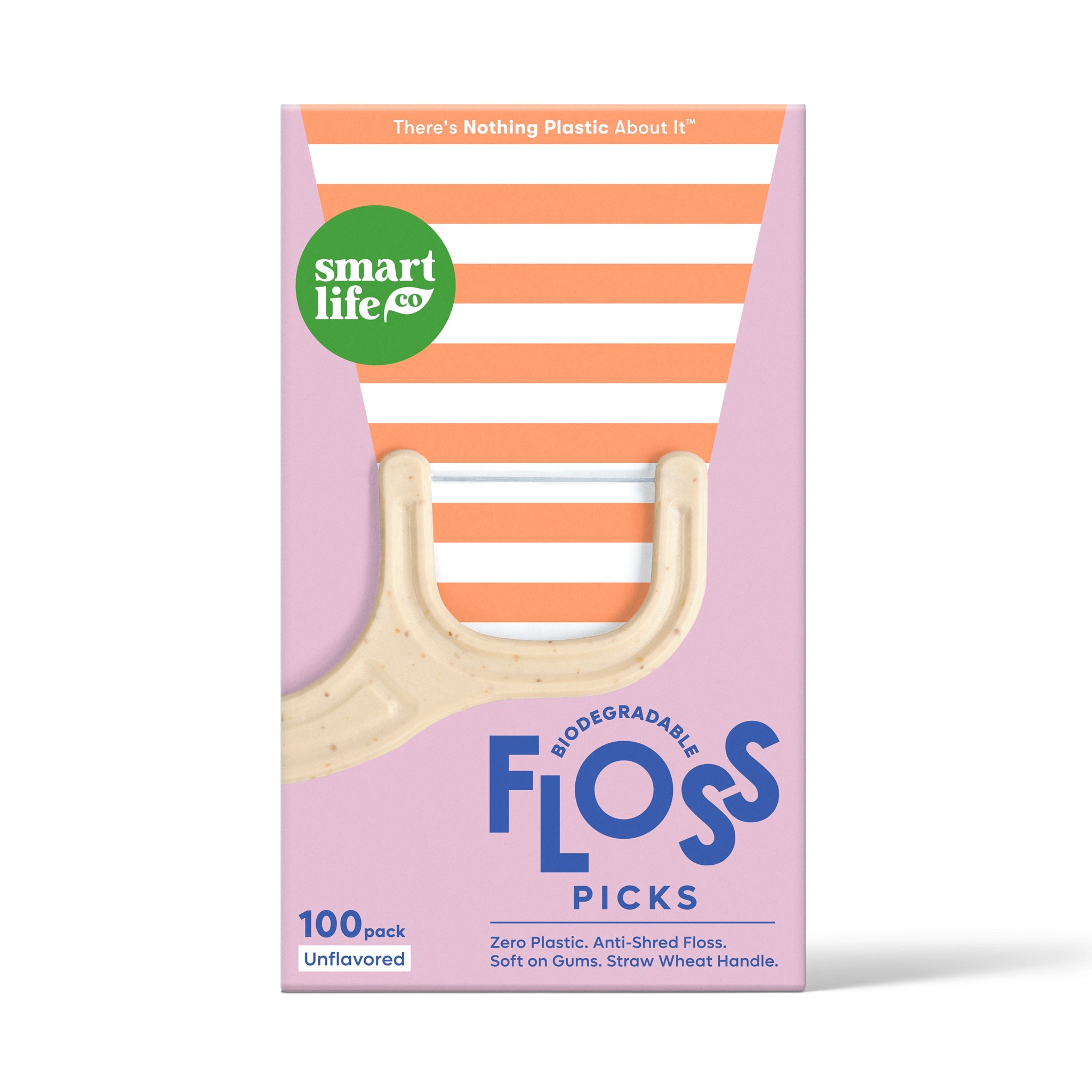 A cute pink box of Smart Life Co. unflavored floss picks. They are biodegradable, made from a straw wheat handle and come with the promise. "there's nothing plastic about it".