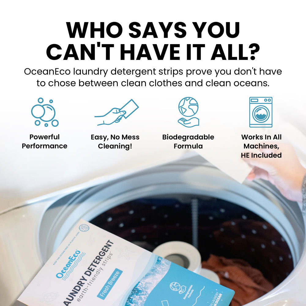 An OceanEco  laundry detergent placed near a washing machine, emphasizing its effectiveness and eco-friendliness. The packaging states that it is powerful, easy to use, biodegradable, and suitable for all types of machines including HE (high-efficiency).