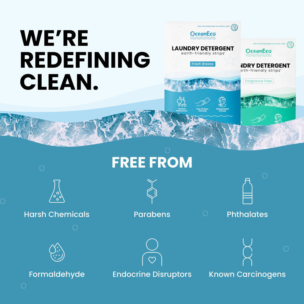 An image displaying OceanEco laundry detergent, featuring earth-friendly strips. The design includes text highlighting the product's benefits, such as being free from harsh chemicals, parabens, phthalates, formaldehyde, endocrine disruptors, and known carcinogens. The color scheme includes aqua tones with various fonts used throughout the poster.