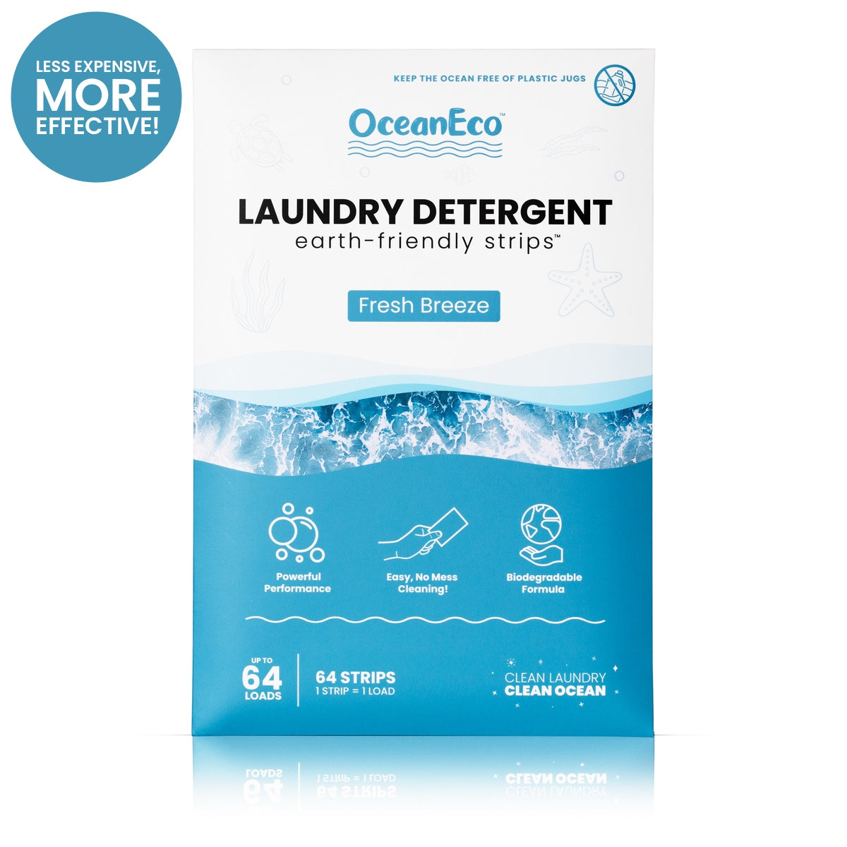 Pack of Fresh breeze OceanEco Laundry Detergent Strips with blue ocean wave graphics and an eco-badge highlighting 64 loads, sitting on a white background.