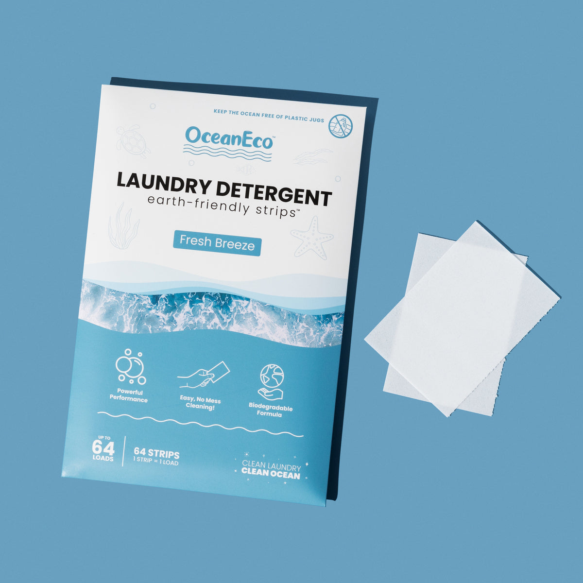 One green OceanEco Laundry Detergent Strips Fragrance Free box with two detergent strips beside it on a green background, emphasizing the plastic-free and compostable packaging.