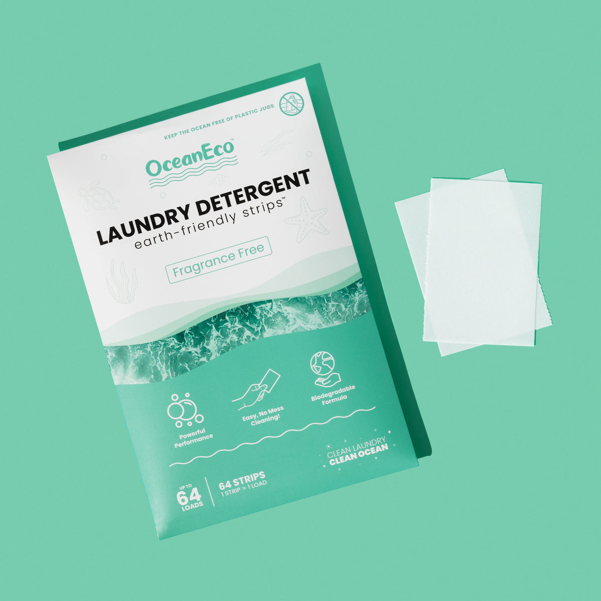 One green OceanEco Laundry Detergent Strips fragrance-free box with two detergent strips placed beside it on a green background, highlighting the compact, eco-friendly packaging.