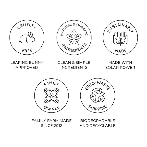 Five logos that represent the brand's values, including "Cruelty Free", "Natural & Organic Ingredients", "Sustainably Made", "Family Owned", and "Zero-Waste Shipping".