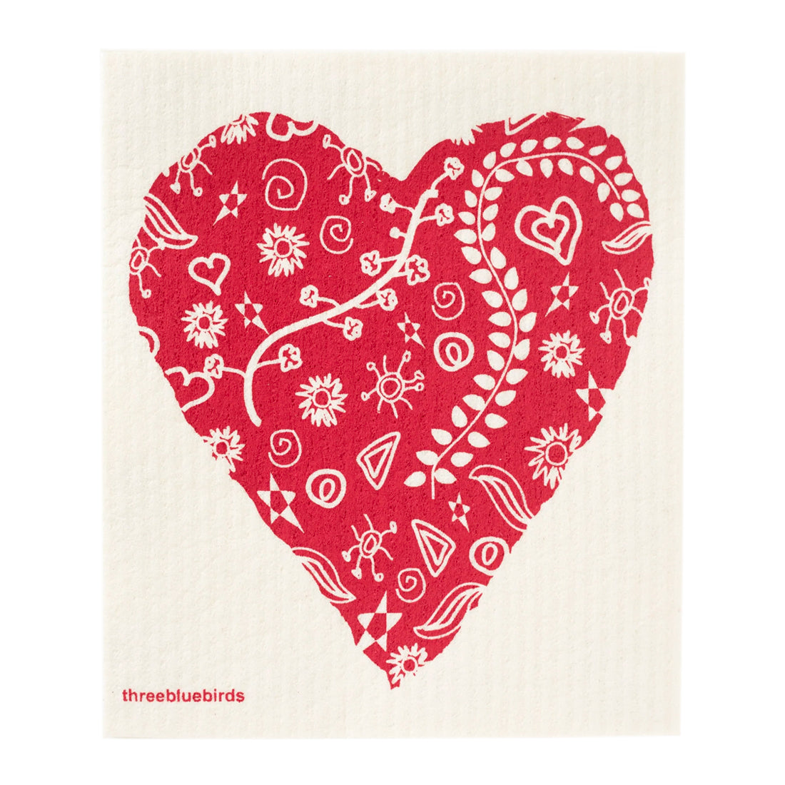 This reusable Swedish cloth features a prominent scarlet heart on red. A biodegradable and versatile cleaning option.