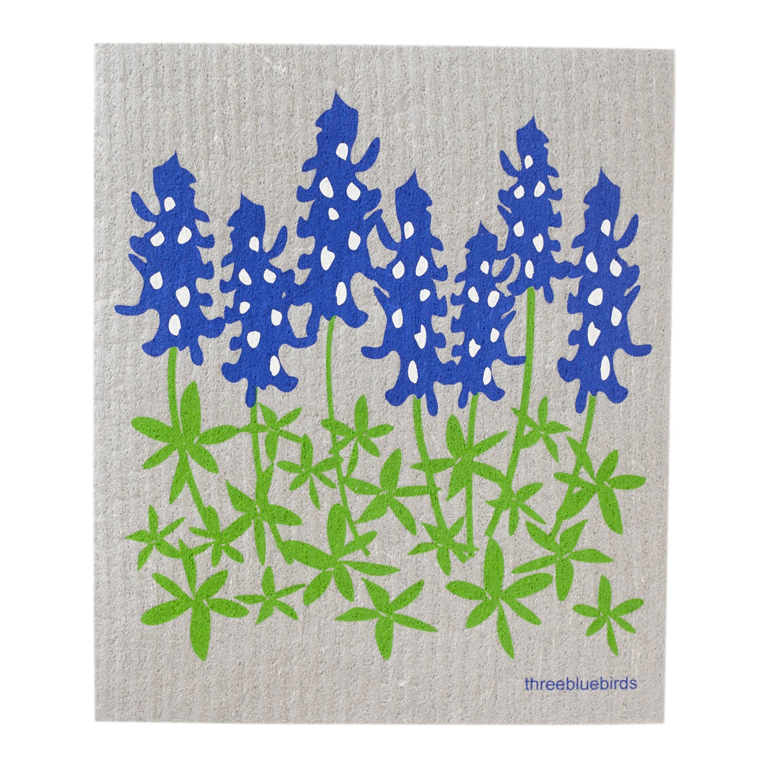 Rich blue bluebonnet flowers and vibrant green leaves are featured on this biodegradable reusable Swedish dishcloth