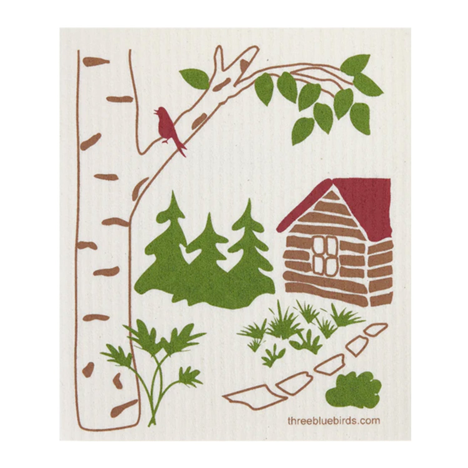 Cozy reusable dishcloth with a rustic cabin or woodland-themed design in browns, greens, and touches of red.