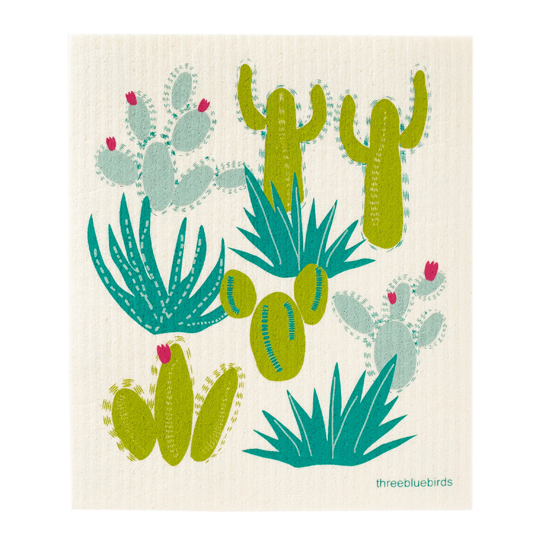 Desert-inspired reusable cloth featuring a pattern of various green cacti.