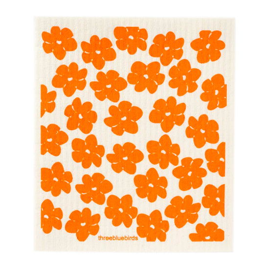 Bright fiery orange California poppies are illustrated on this biodegradable reusable Swedish cloth