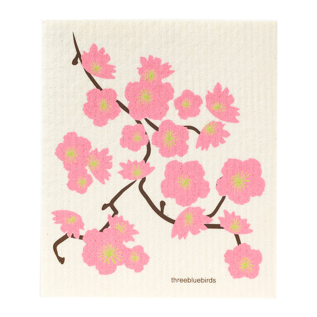 A springtime design of pale pink cherry blossoms on dark brown branches graces this compostable reusable cloth