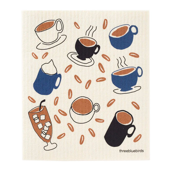 Rich brown coffee beans and blue and black coffee mugs decorate this compostable Swedish dishcloth, ready for cleaning with your preferred method