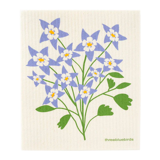 Elegant reusable cloth featuring a delicate design of purple and white columbine flowers with green leaves.