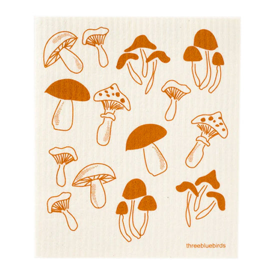 Various fungi in earthy brown tones are illustrated on this reusable dishcloth
