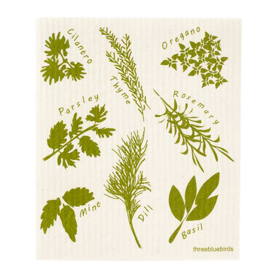 Practical reusable cloth illustrated with a variety of culinary herbs in green.