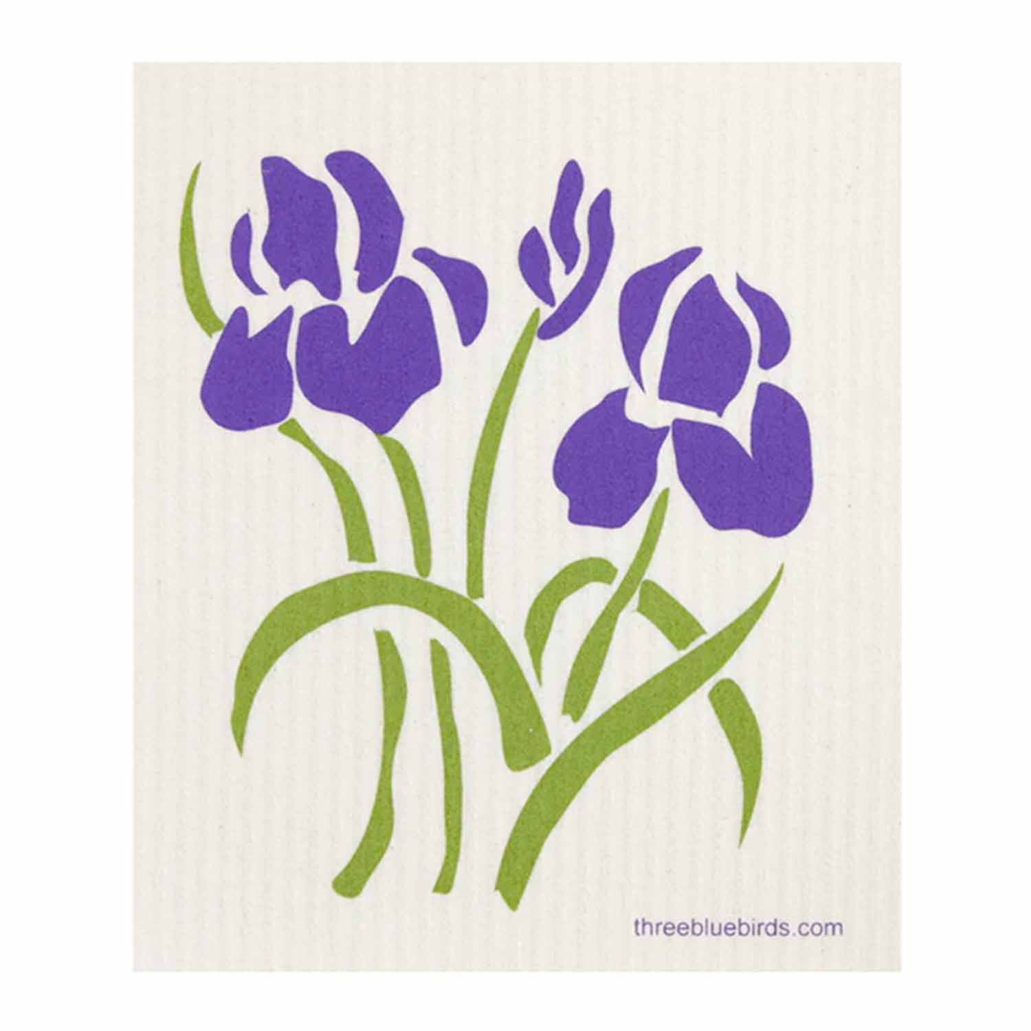 An elegant reusable cloth showcasing violet iris blooms with lush green foliage. This dishcloth offers a biodegradable cleaning alternative