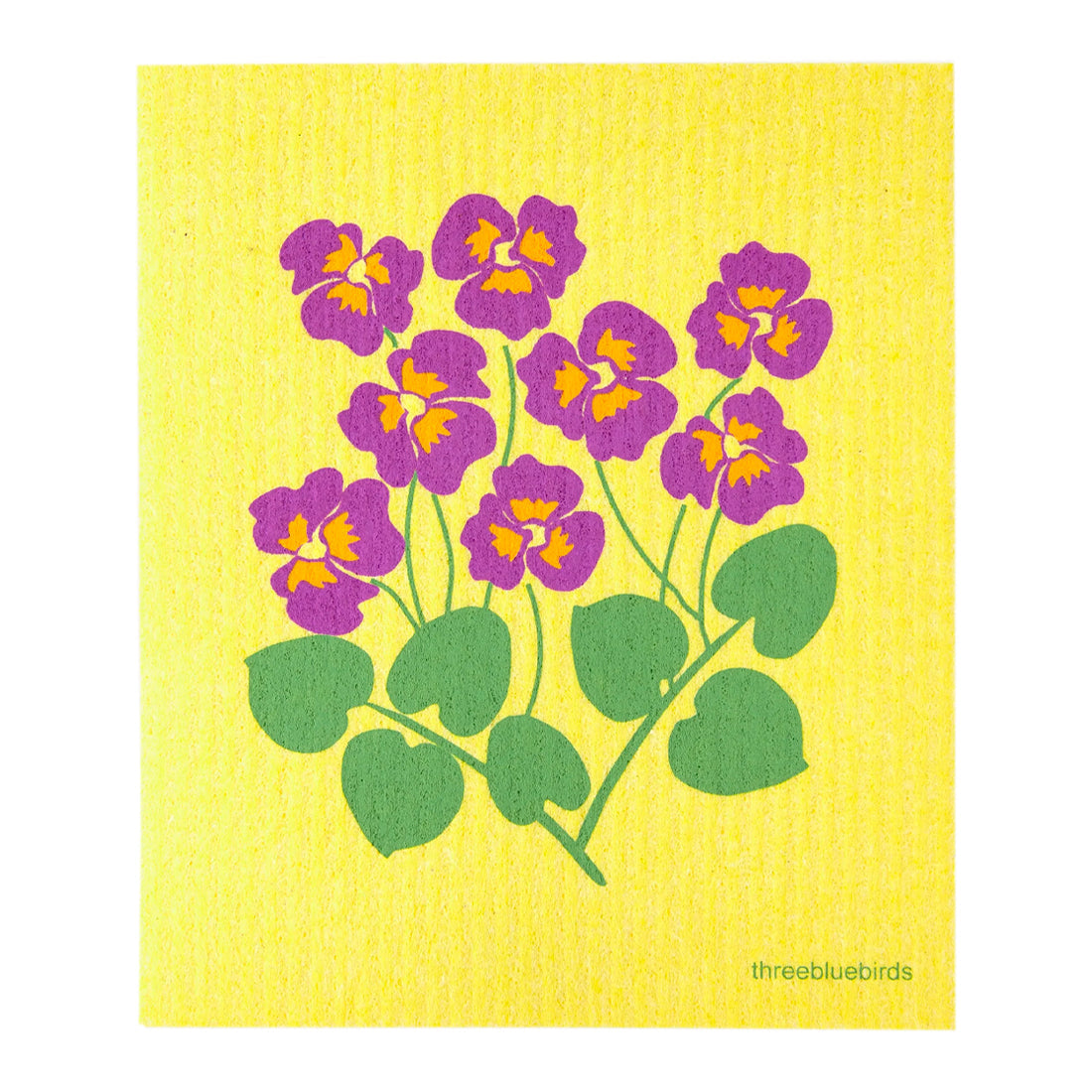 Cheerful deep purple pansy blooms against a bright yellow background on this biodegradable reusable dishcloth