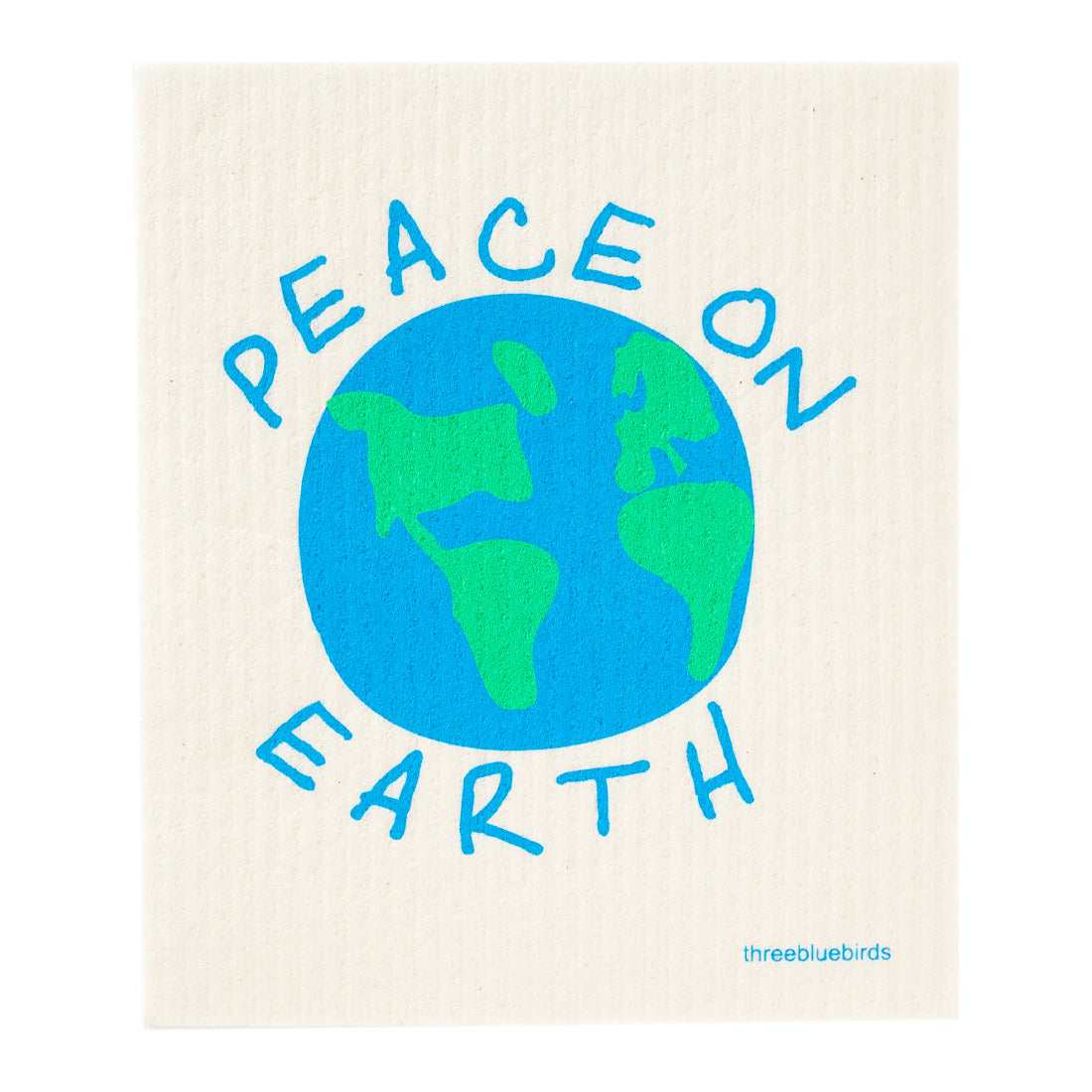 Symbolic reusable cloth featuring a 'peace on earth' themed design in blue and green.