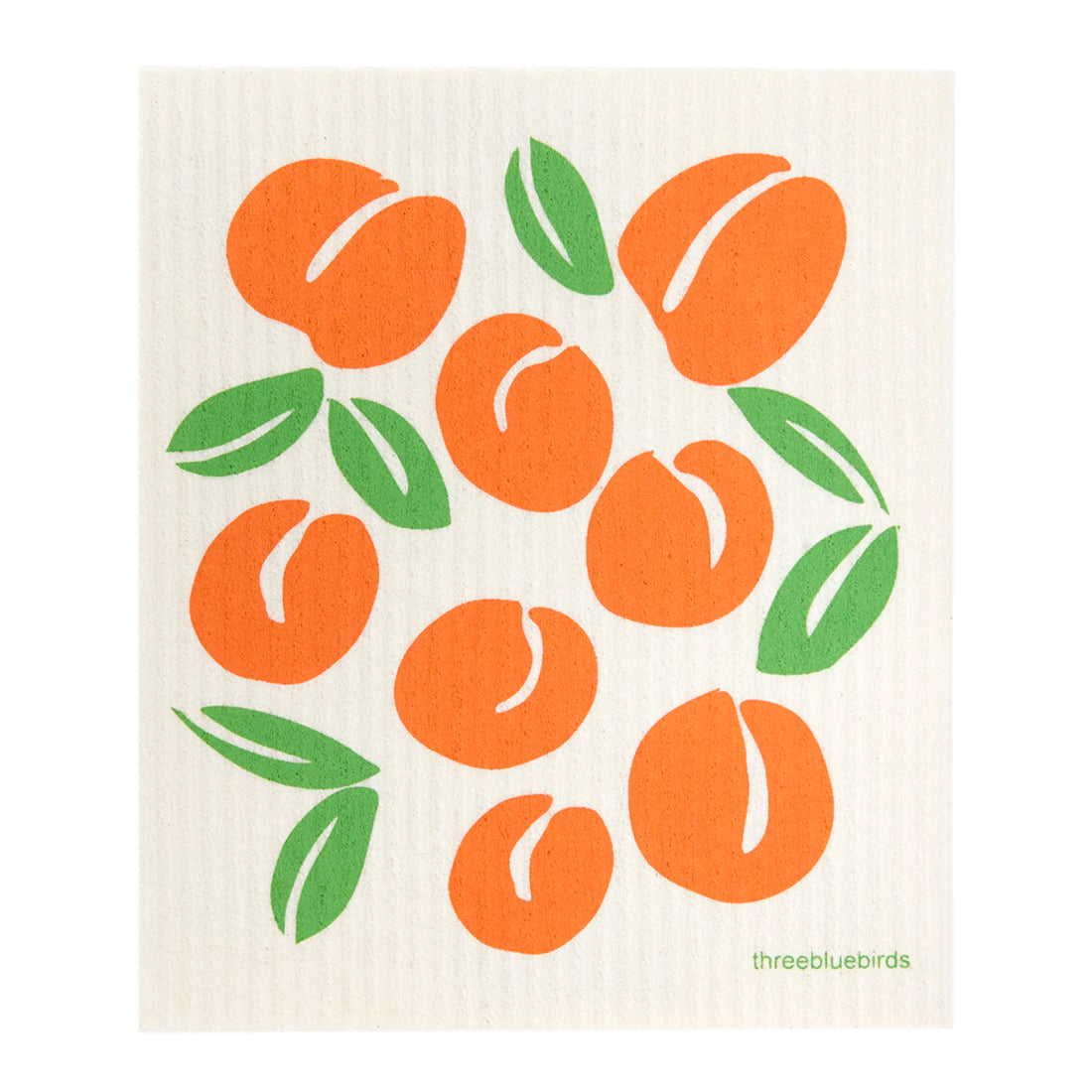 Delightful reusable cloth patterned with illustrations of orange peaches with green leaves.