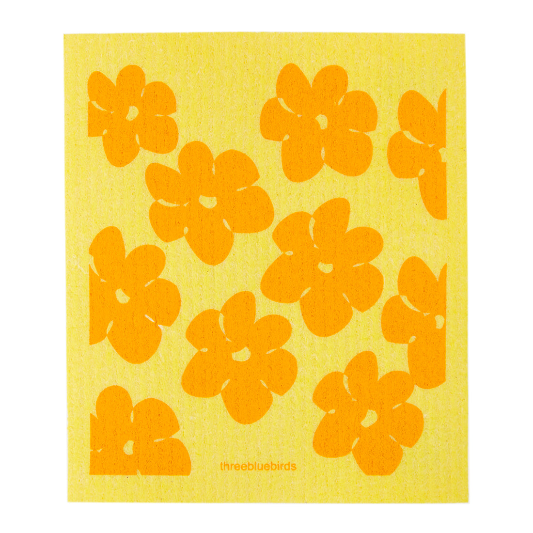 Retro-inspired Swedish compostable dishcloth featuring 'flower power' designed in orange with a yellow vibrant background