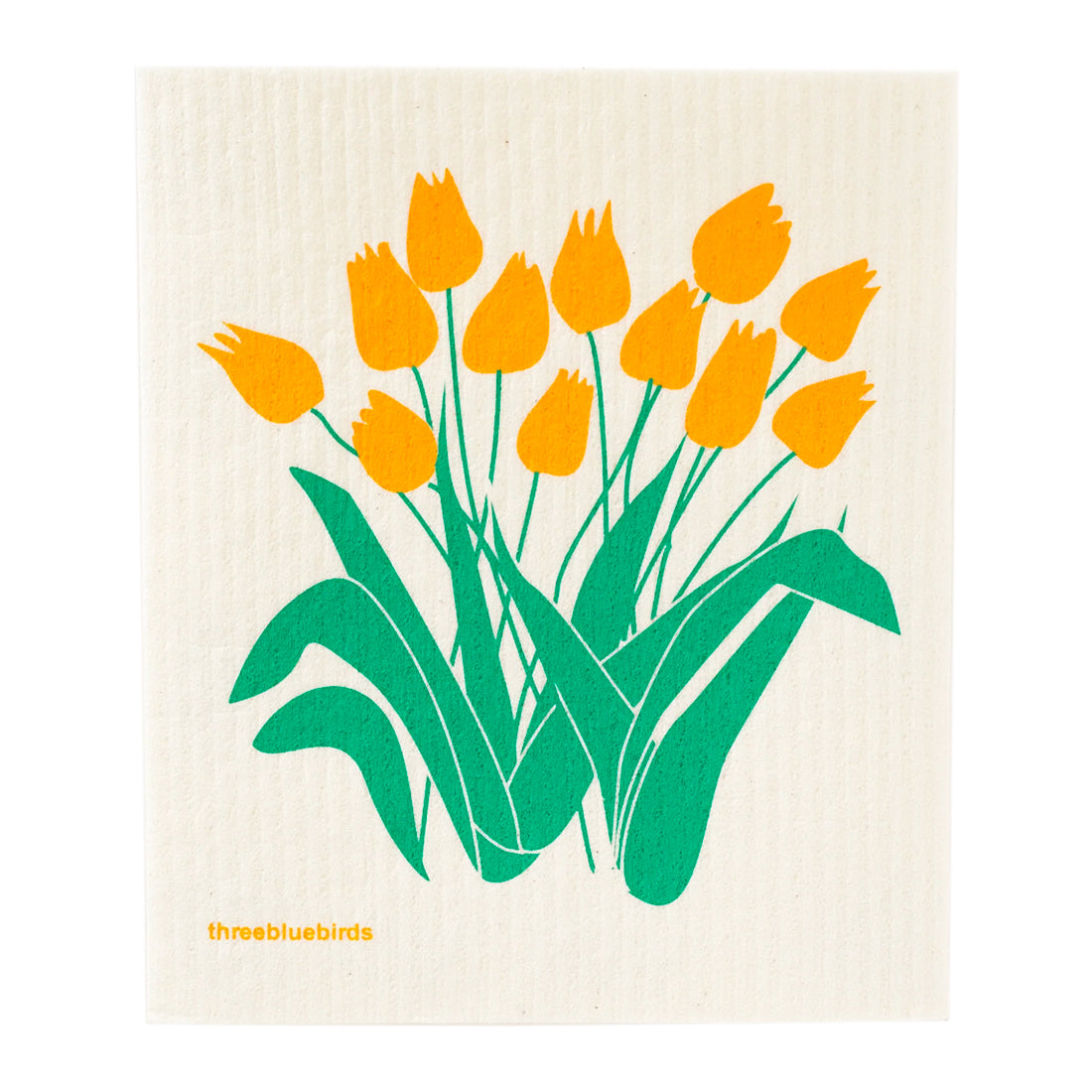 Bright and cheerful Swedish dishcloth showcasing a vibrant design of yellow tulip blossoms and green leaves. A biodegradable addition to your cleaning supplies