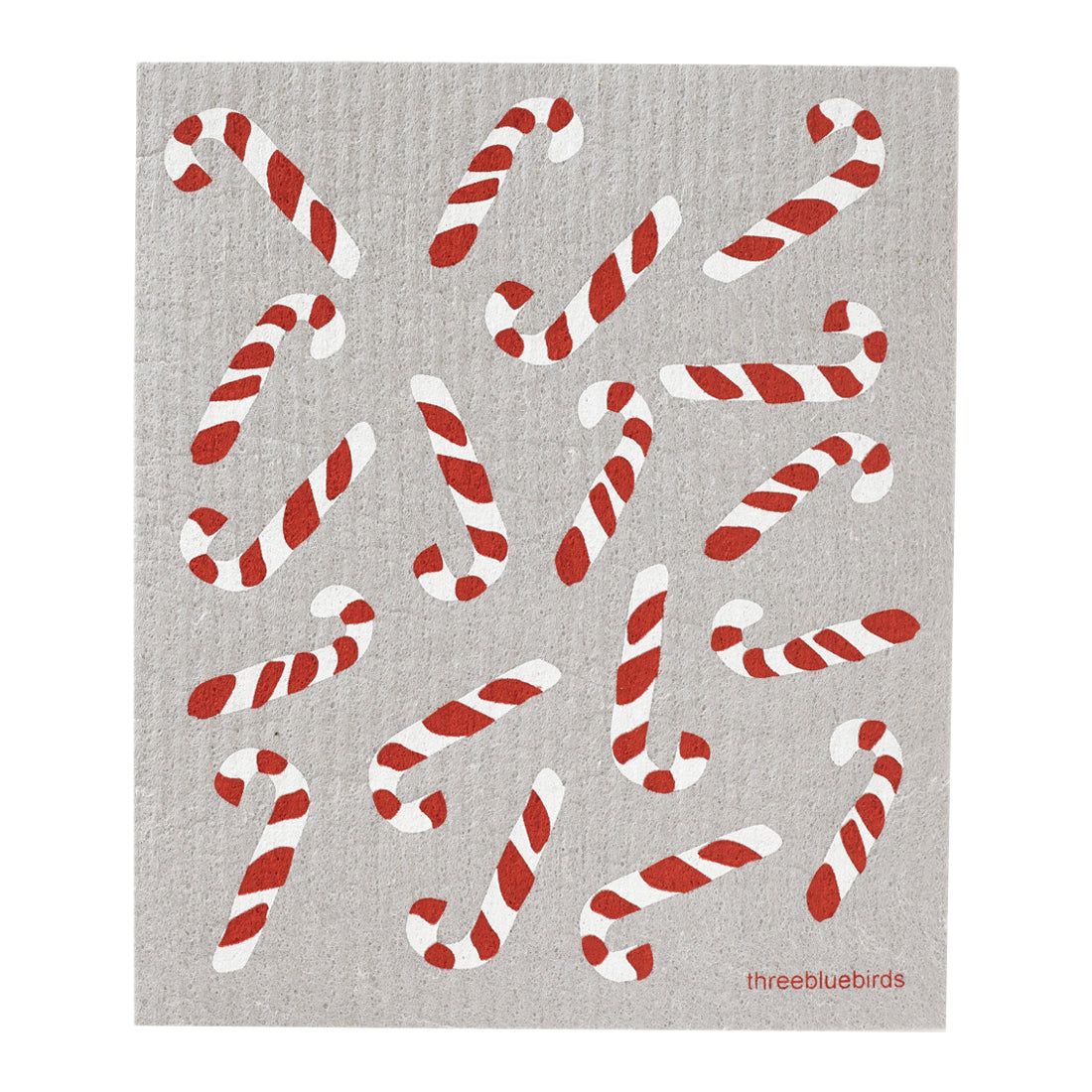 Classic red and white candy canes arranged on a neutral grey surface on this reusable dishcloth, ready for cleaning up after holiday treats.