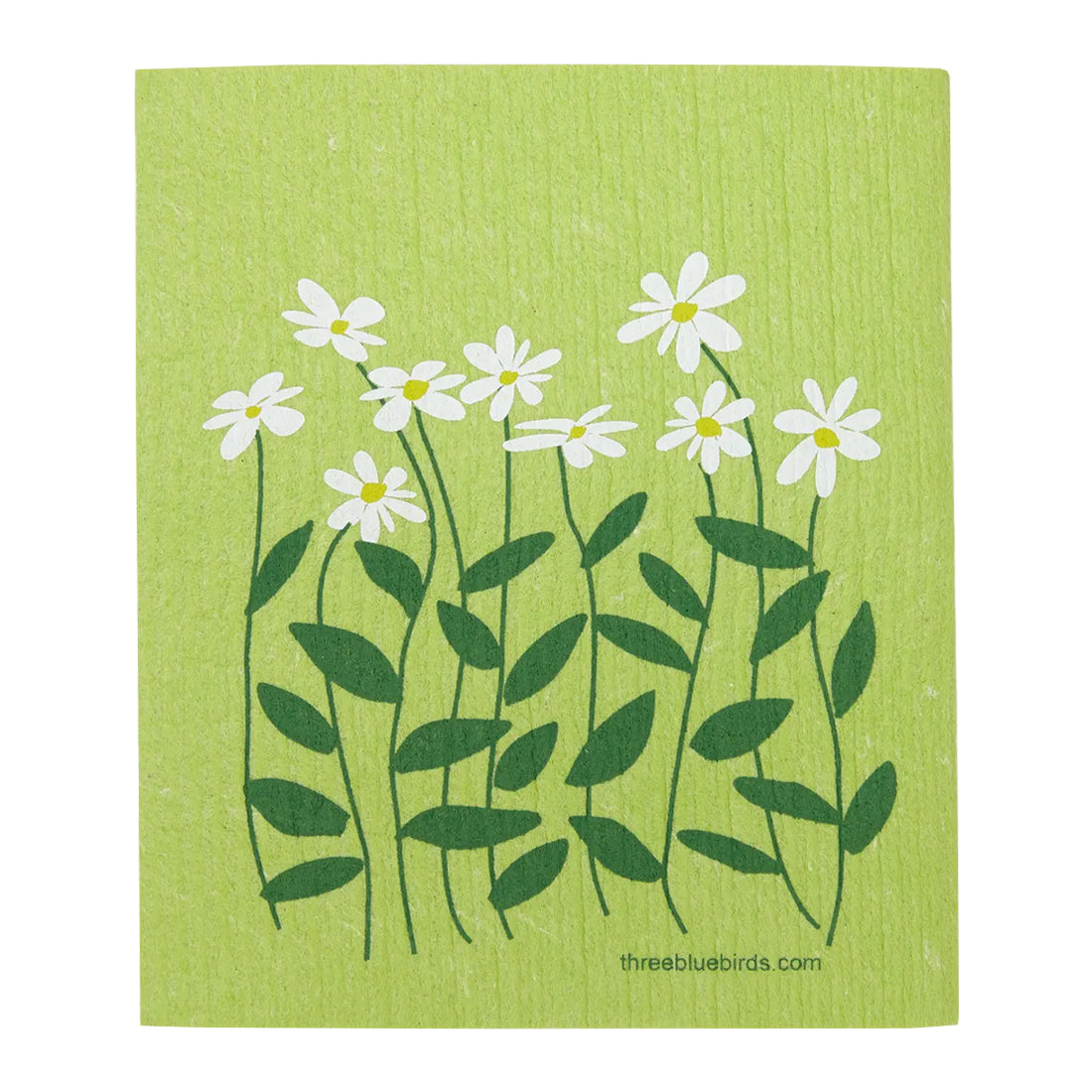 Bright reusable cloth displaying a cheerful array of white daisies against a green backdrop