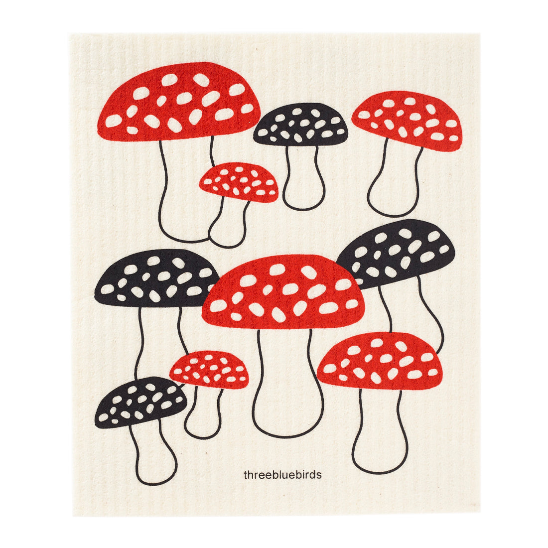 An assortment of vibrant red and tan mushrooms graces this biodegradable reusable Swedish dishcloth