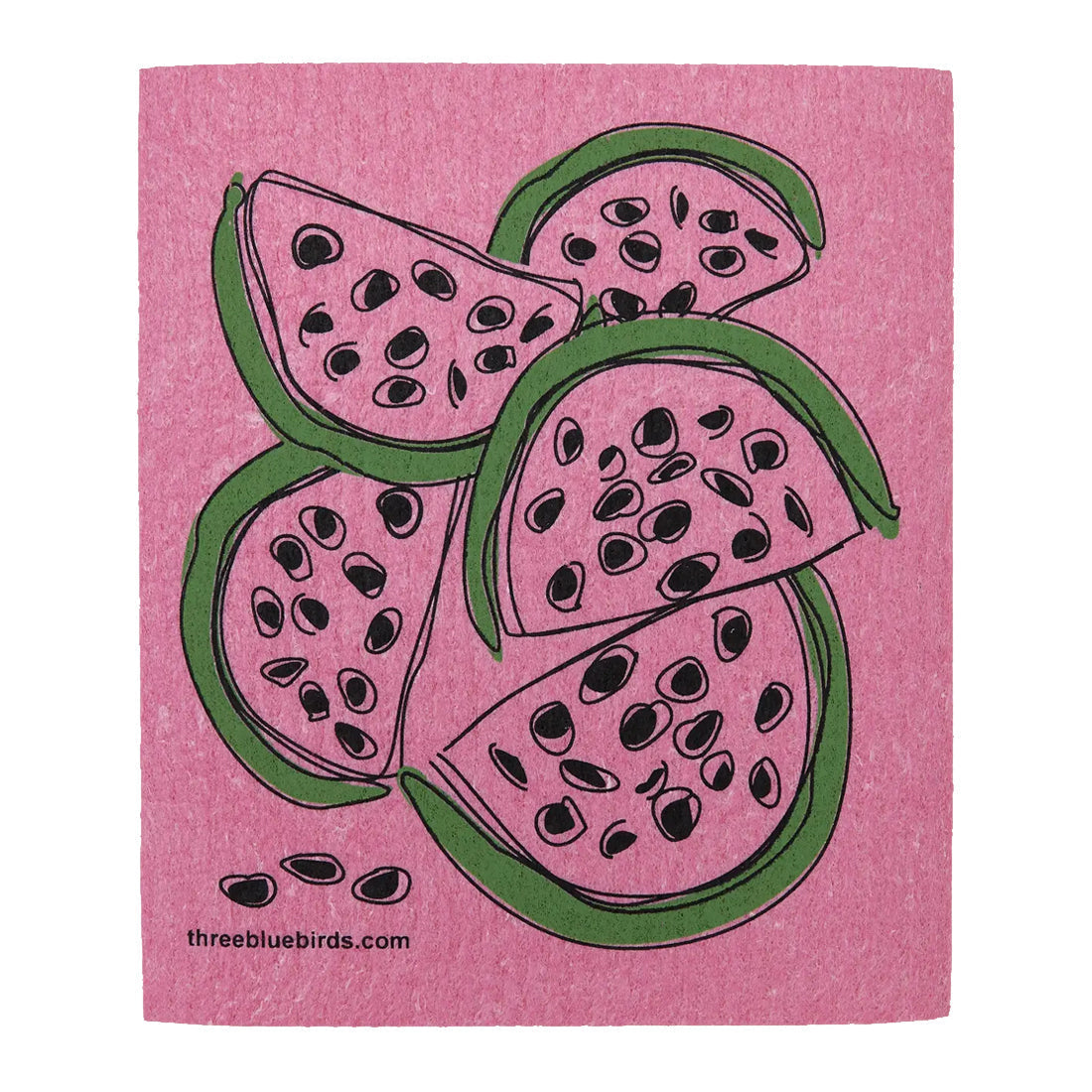 A summery reusable dishcloth patterned with rosy pink watermelon slices with dark green rinds and black seeds. This is a biodegradable cleaning option.