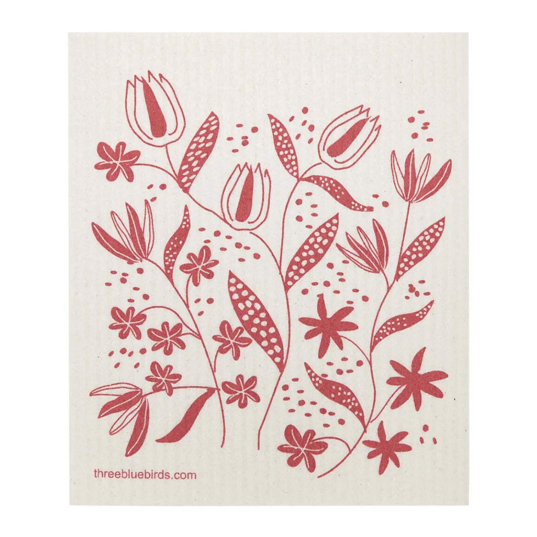 Lovely reusable cloth with a pattern of various pink wildflowers and foliage scattered across the surface.