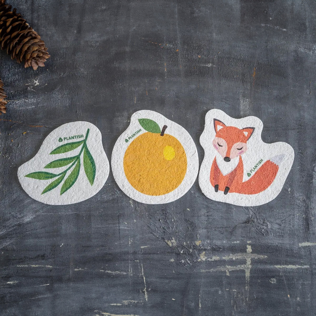 Three flat PLANTISH pop-up sponges are arranged on a dark, textured surface next to two pine cones. The sponges are shaped and designed like a leaf an orange and a fox.