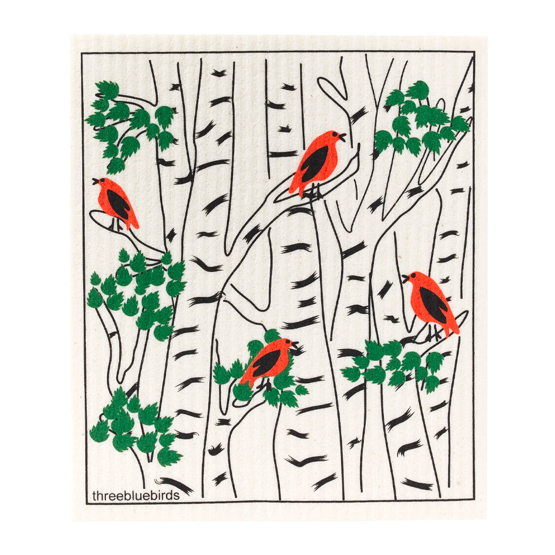 Vibrant reusable cloth featuring bright red orioles and green foliage on the trees
