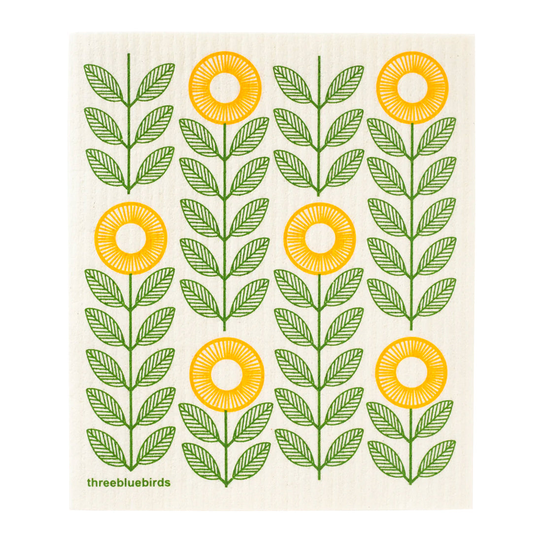 Absorbent dishcloth showcasing a bold and detailed graphic of blooming yellow sunflowers and green leaves in a pattern.