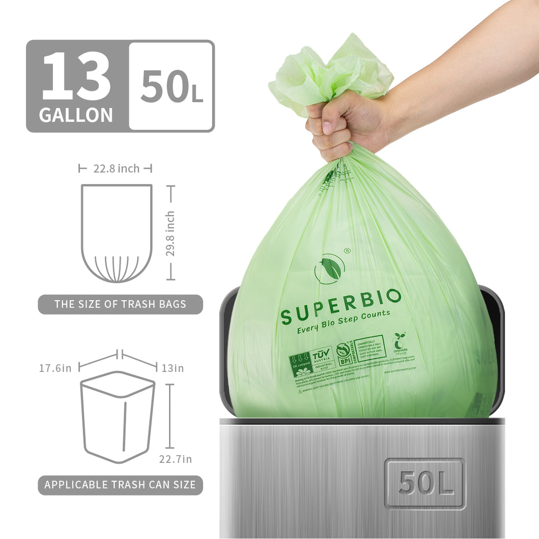 A hand is shown holding a filled green SUPERBIO compostable bag over a trash can. An infographic in the image shows the bags are 13 gallons (50L) with dimensions of 22.8 inches by 29.8 inches. It also provides the dimensions of a compatible trash can.