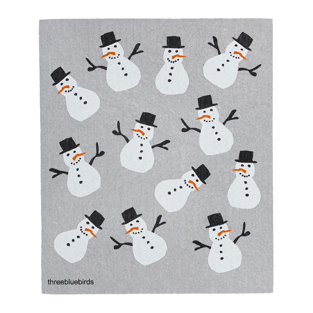Cheerful white snowmen with black top hats and orange carrot noses smile against a pale gray winter back on this reusable dishcloth