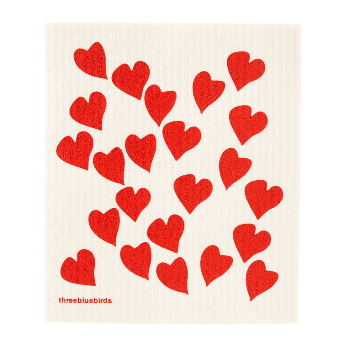 Love Ya Red Hearts on a clean white biodegradable reusable dishcloth.