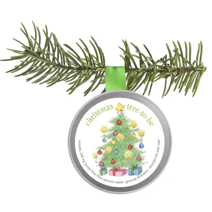 A round, silver tin ornament is shown hanging from a pine branch by a green ribbon. The tin's lid features an illustration of a decorated Christmas tree and the words "christmas tree-to-be". Smaller text indicates the tin contains Scotch Pine seeds and is made from a recycled US steel case.