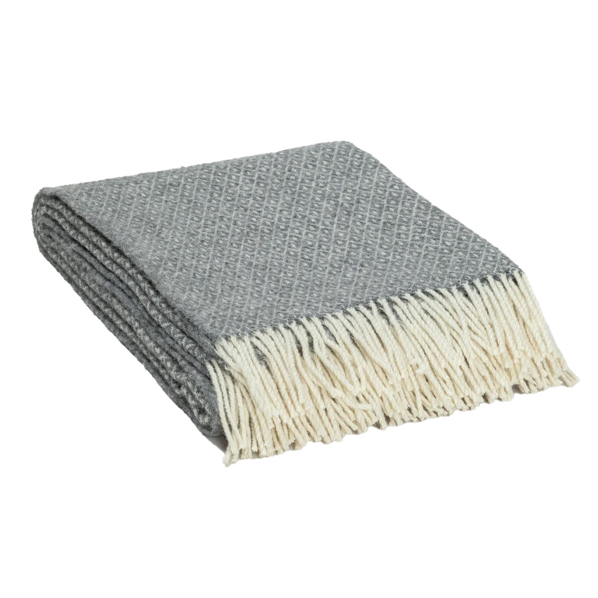Folded gray 100% wool throw blanket with cream-colored fringe, handcrafted in Ukraine to provide warmth and support.